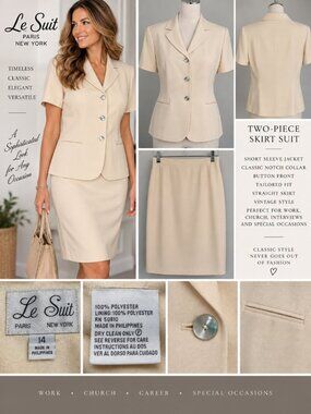 Le Suit Women’s Size 14 Cream Beige 2 Piece Skirt Suit Short Sleeve Career